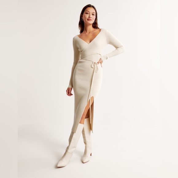 Abercrombie & Fitch Dresses & Skirts - NWT Abercrombie Long-Sleeve Wrap Midi Sweater Dress in Cream, size XL